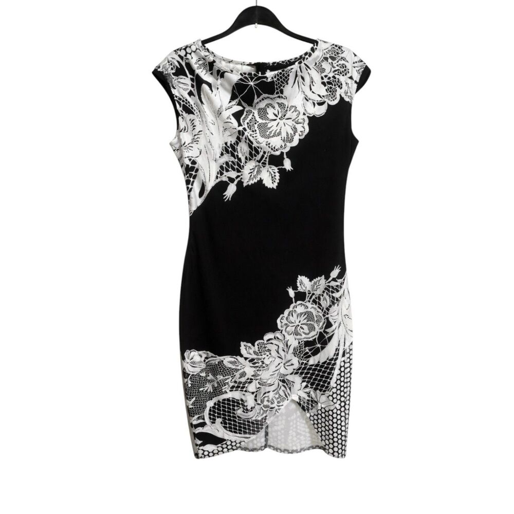 104 Elegant Black & White Floral Print Midi Dress with Asymmetrical Hem